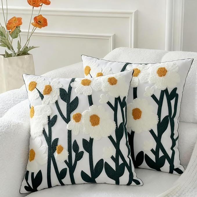 18x18 Embroidered Throw Pillow Covers Set – Green Daisy Floral Cotton by EmbroideredLiving