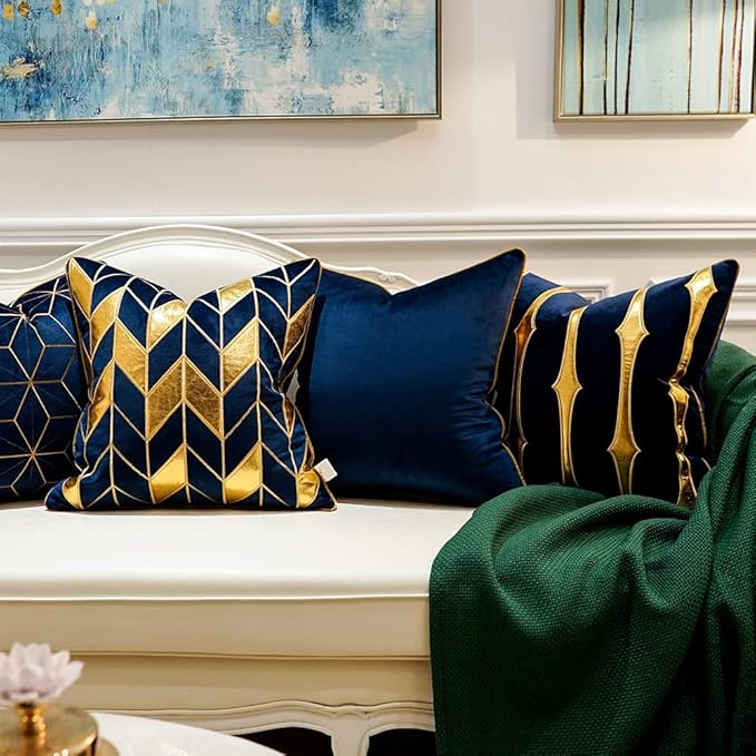 Avigers 20 x 20 Inches Navy Blue Gold Striped Cushion Case Luxury European - Image 6
