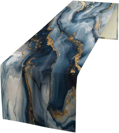 Marble Print Table Runner, Modern Blue Gold Abstract Table Runner by ShiTingYu