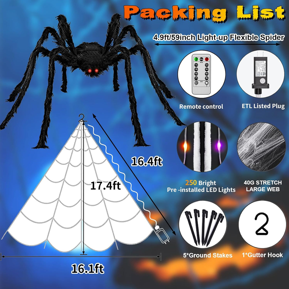 Halloween Decorations Outdoor, 250 LED Halloween Giant Spider Web Lights, 200" Lighted Spiderweb Light up with 8 Modes for Yard Haunted House Decor, Remote Control Lighted Spider Dark Purple