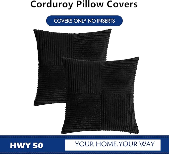 HWY 50 Black Corduroy Patchwork Throw Pillow Covers 18x18 Inch, Soft Cozy - Image 7