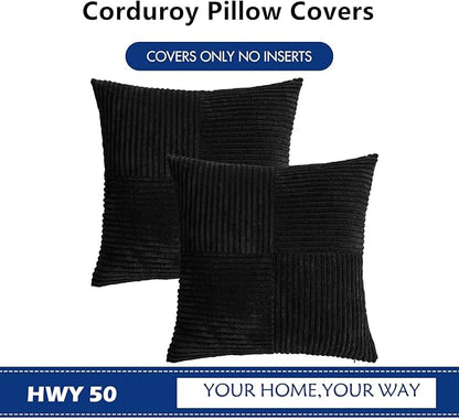 HWY 50 Black Corduroy Patchwork Throw Pillow Covers 18x18 Inch, Soft Cozy - Image 7