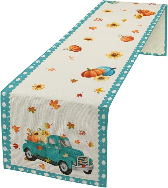 Pumpkin Table Runner, Thanksgiving Linen Farmhouse Table Runners, Kitchen - Image 2