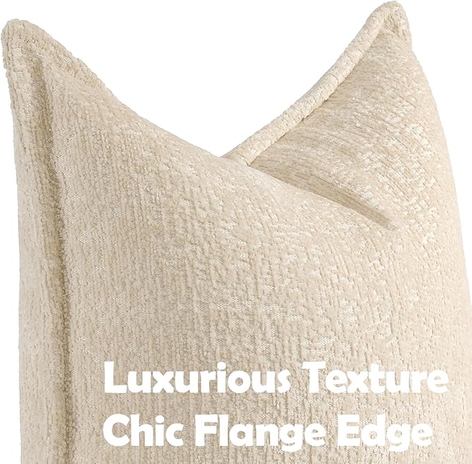 Pack of 2 Beige Decorative Throw Pillow Covers 18x18 Cozy Soft Chenille Boho - Image 2