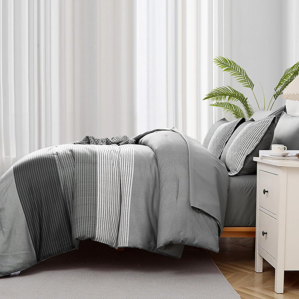 WONGS BEDDING Grey Comforter Set Queen, Reversible Grey Striped Patchwork Dow...