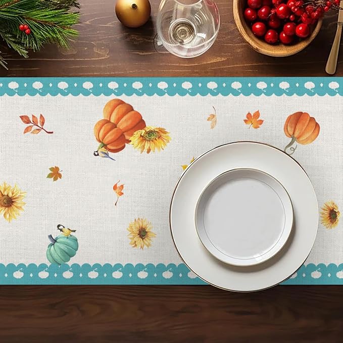 Pumpkin Table Runner, Thanksgiving Linen Farmhouse Table Runners, Kitchen - Image 7