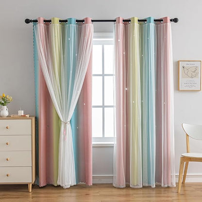 Star Girl and Kids Curtains for Bedroom Rainbow Ombre Double Layer Cute Shot by conokata
