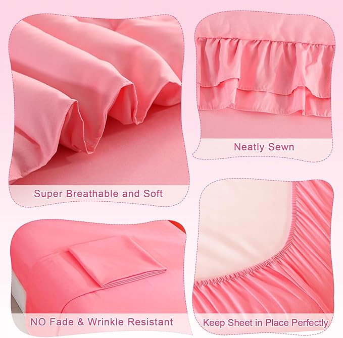 Wowelife Toddler Bedding Set for Girls 4 Piece Ruffle Boho Tufted Fringe Pink - Image 3
