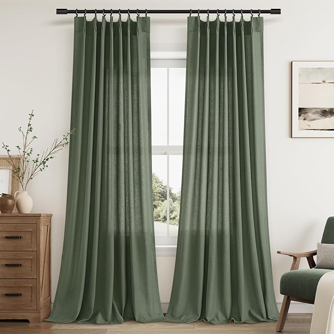 Olive Green Pinch Pleat Linen Curtains 102 Inches Long by Aersas