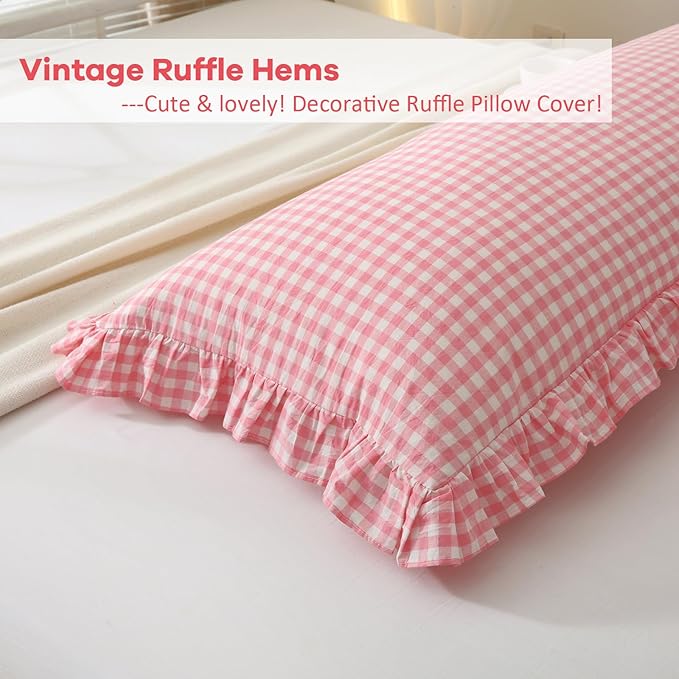 Coral Pink White Plaid Ruffled Gingham Body Pillow Cover, 100% Washed Cotton - Image 4