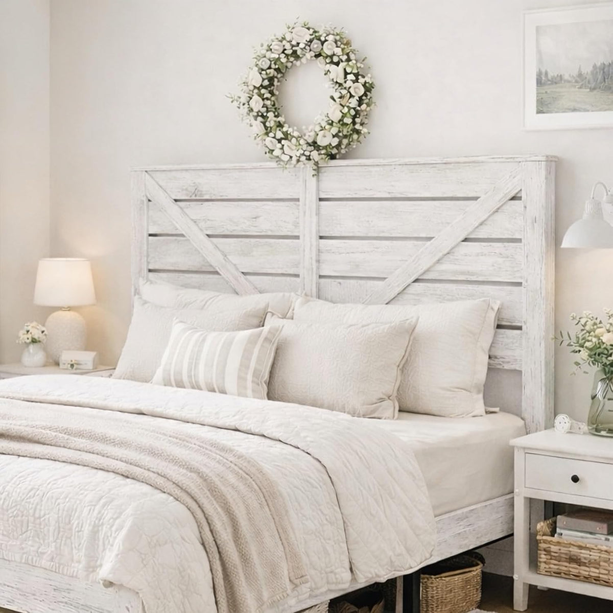 queen farmhouse bed frame with headboard, led lights showing dimensions