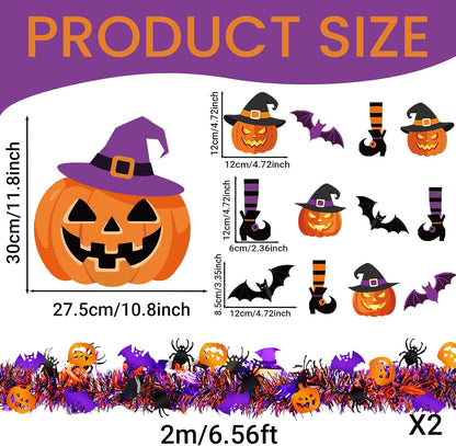 44 Pcs Halloween Tree Ornaments Decorations Witch Hat Pumpkin Tree Topper Pumpkin Bucket Skeleton Skull Ghost Spider Bat Witch Leg Hanging Ornaments Tinsel Garland for Halloween Party Decor