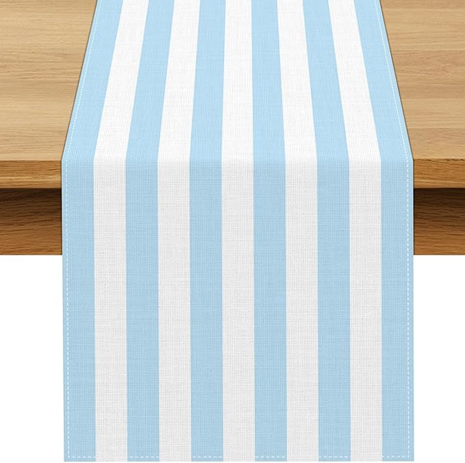 Light Blue and White Cabana Striped Table Runner Coastal Theme Wedding Party by Buxiuer