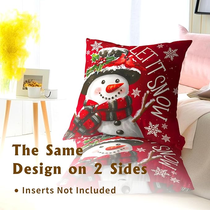 Xmas Pillow Covers 18x18 Inch 2 Packs Christma Snowman Snowflake Decorative Red - Image 5