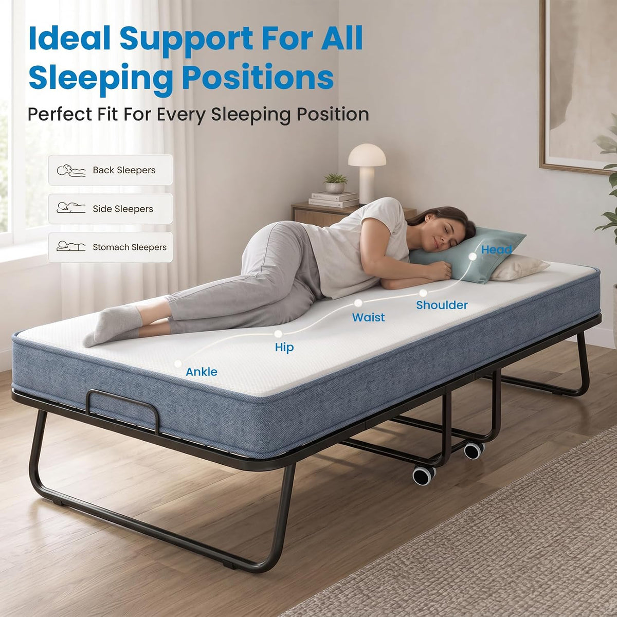 mjkone folding bed, 75" x 31" rollaway bed showing dimensions