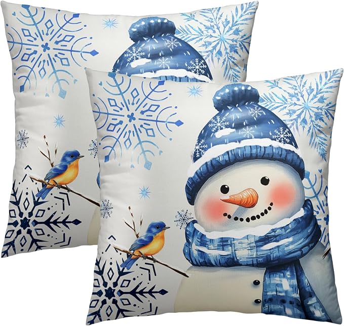 Winter Snowman Throw Pillow Covers 20x20 inch Set of 2 Christma Snowman Blue by Granbey