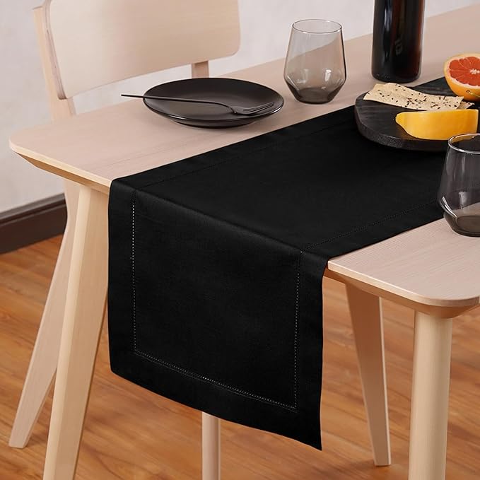 Home Ekaa Black Table Runner 90 Inch–Cotton Linen Hemstitch Washable Table by HomeEkaa
