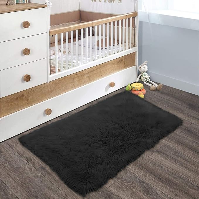 Latepis Black Fur Rug for Bedroom Throw Rugs 2x3 Faux Sheepskin Rug Washable - Image 7