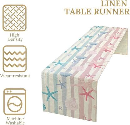 Coastal Starfish Kitchen Table Runner, Colorful Watercolor Blue and Pink Stripe - Image 4