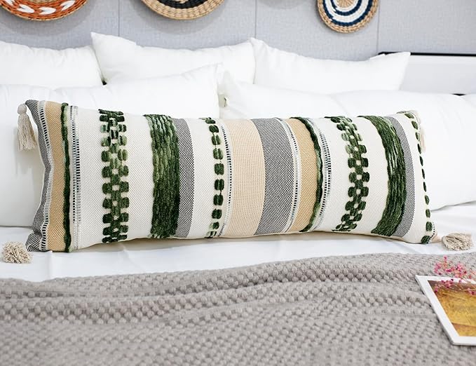 PANOD Boho Long Lumbar Throw Pillow Cover 16 x 36 Dark Green, Chenille Morocan by PANOD
