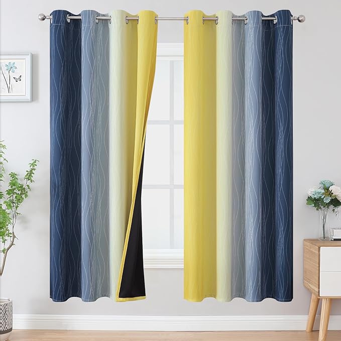 Estelar Textiler Navy Blue and Yellow Blackout Curtains 72 Inch Length 2 Panels by ESTELARTEXTILER