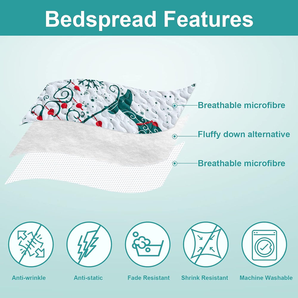 Hansleep Christmas Bedspread Queen Size, Green Reindeer Quilt Bedding Set