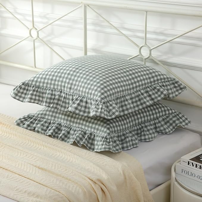 2 Pack Vintage Dusty Green Plaid Ruffle Throw Pillow Covers, Washed Cotton - Image 3