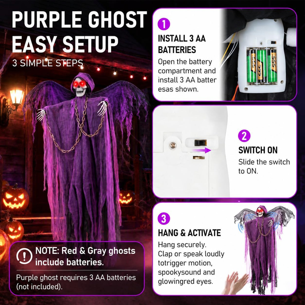 71" Halloween Hanging Skeleton Ghosts with Moving Grabbing Arm, Scary Sound & Glowing Red Eyes, 3 Pack Halloween Decorations Outdoor Flying Grim Reaper Set for Yard Porch Haunted House Props Décor