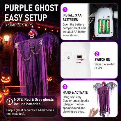 71" Halloween Hanging Skeleton Ghosts with Moving Grabbing Arm, Scary Sound & Glowing Red Eyes, 3 Pack Halloween Decorations Outdoor Flying Grim Reaper Set for Yard Porch Haunted House Props Décor