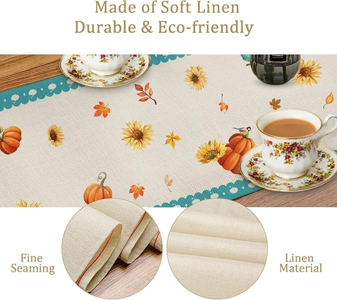 Pumpkin Table Runner, Thanksgiving Linen Farmhouse Table Runners, Kitchen - Image 5