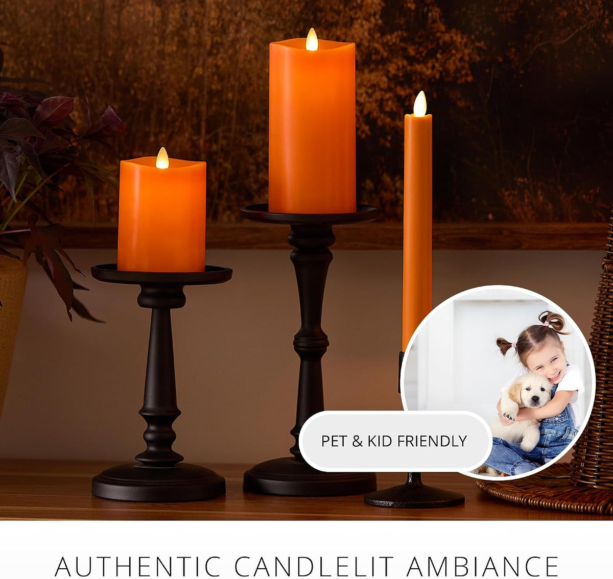 Luminara Taper, 1" x 9.5" AA Battery Wax Flameless Candle w/Timer, Remote Available Russet Orange Flickering White LED Light Flame, Home Decor for Halloween Fall Indoor Candlestick Decoration