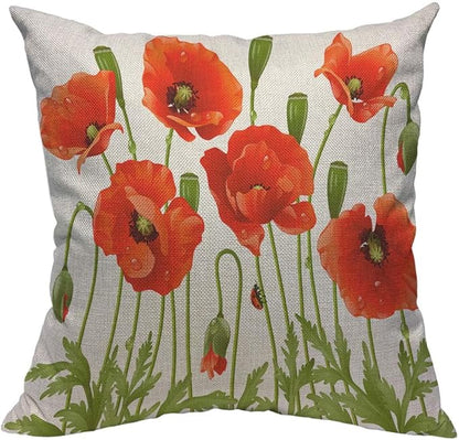 TKS MITLAN Red Poppy Pillow Covers 18 x 18 Inch Spring Flowers Rustic Linen by TKS+MITLAN