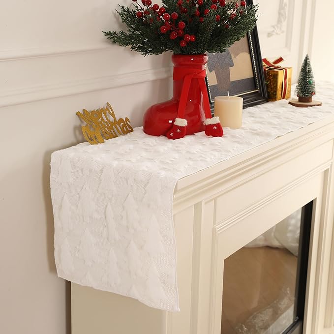 Christmas Tbale Runner 13x72 Inch Soft Plush Faux Fur Jacquard CreamWhite Big - Image 4