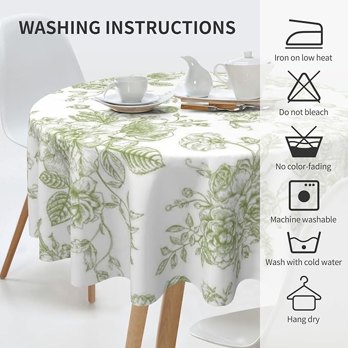 Sage Green Floral Tablecloth Round 70×70 Inch - Image 3