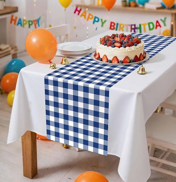 3 Pcs Navy Blue and White Checkered Table Runner Plastic 14 x 108 Disposable - Image 2