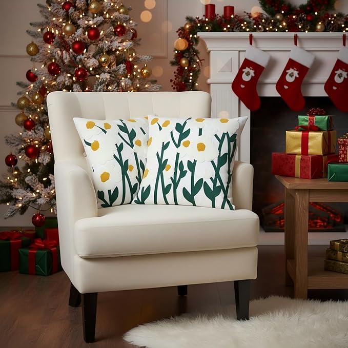 18x18 Embroidered Throw Pillow Covers Set – Green Daisy Floral Cotton - Image 7