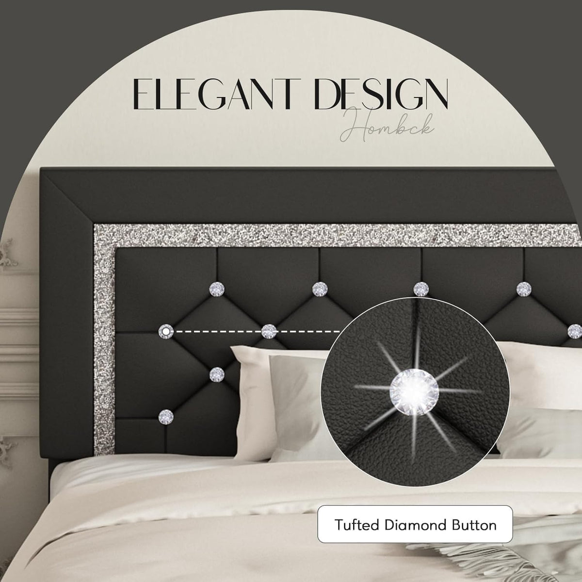 hombck full size bed frame, upholstered platform bed showing dimensions