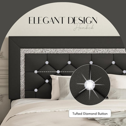 hombck full size bed frame, upholstered platform bed showing dimensions