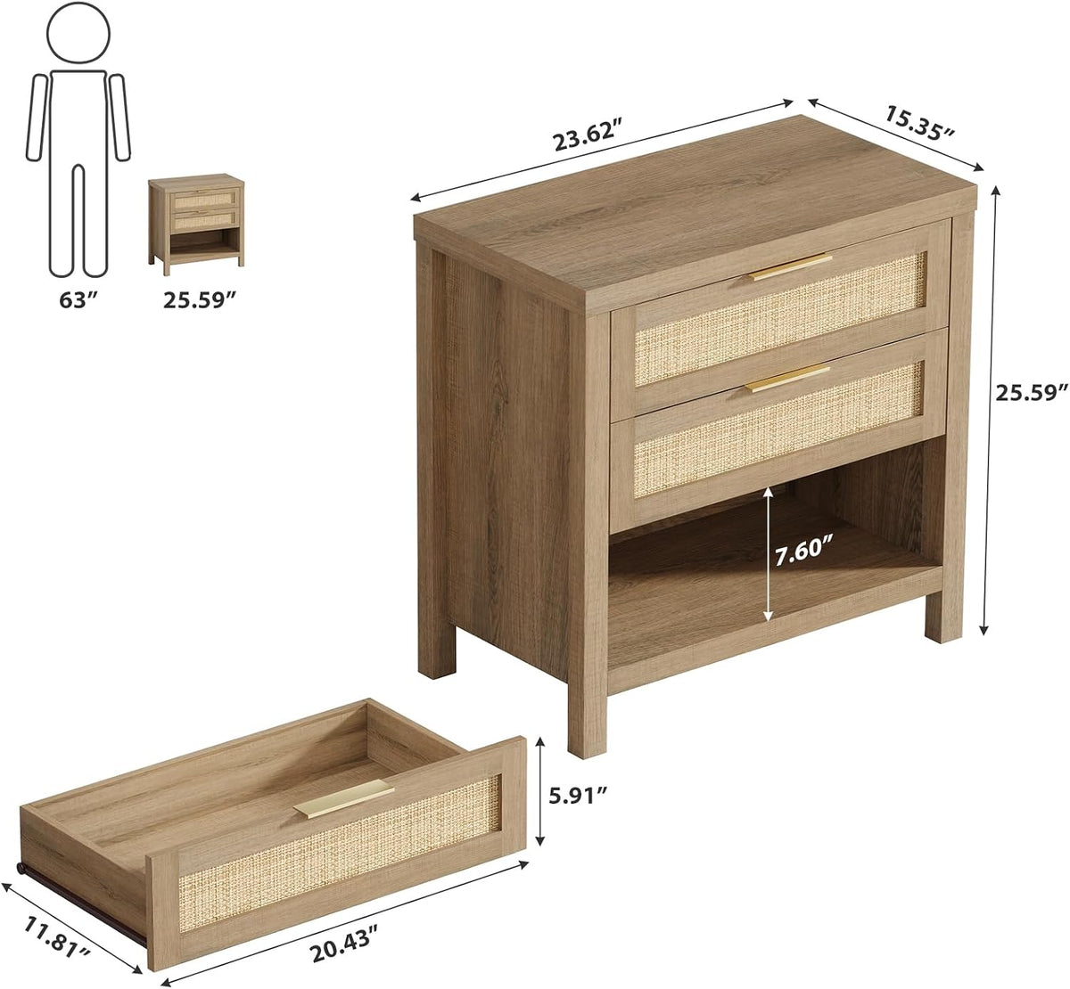 eclatara rattan nightstands with 2 drawers and storage shown in use