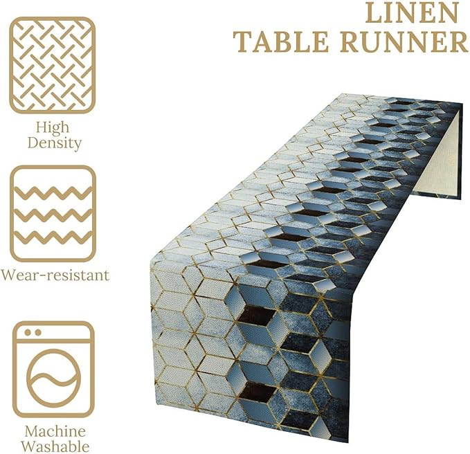 Geometric Blue Marble Table Runner Abstract Hexagon Pattern Texture Table Runner - Image 5