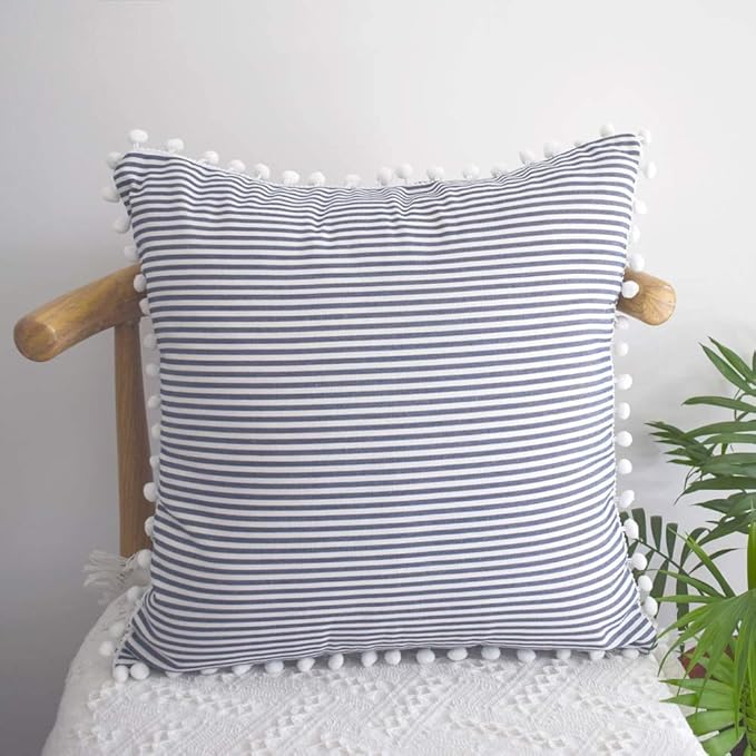 HOPLEE Decorative Pillow Covers 16x16 Farmhouse Stripe Pillows Covers Navy Blue - Image 3