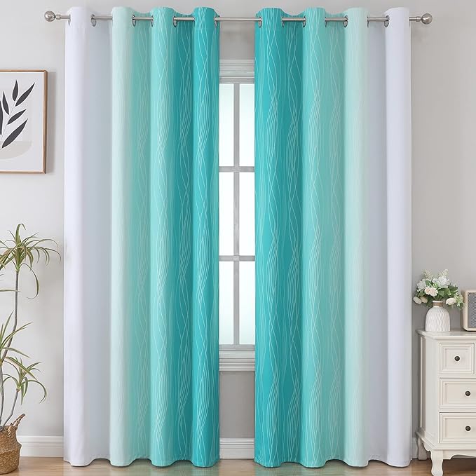 Estelar Textiler Teal and Grayish White Blackout Curtains - Image 2