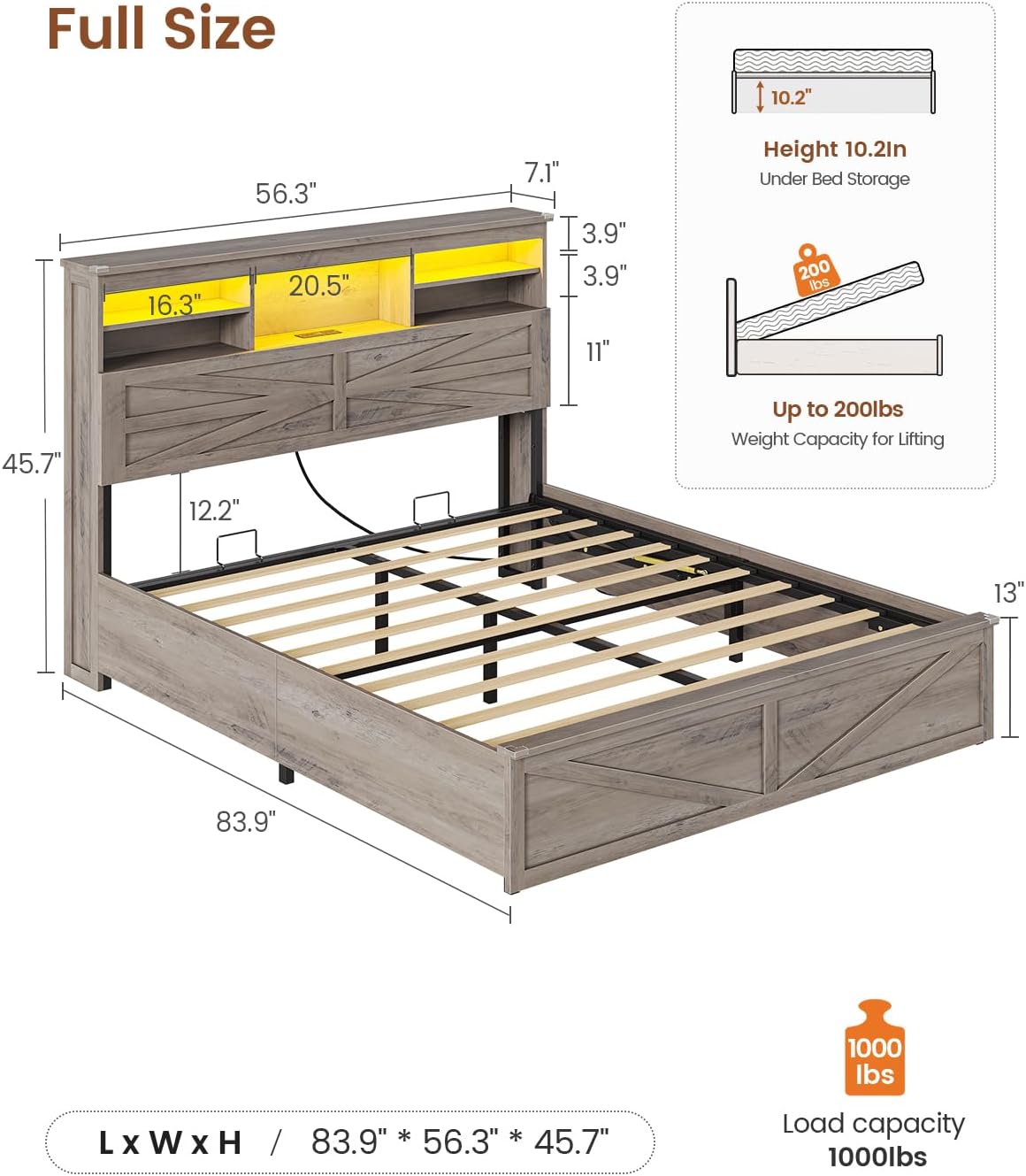 aogllati farmhouse full size bed frame with lift shown in use
