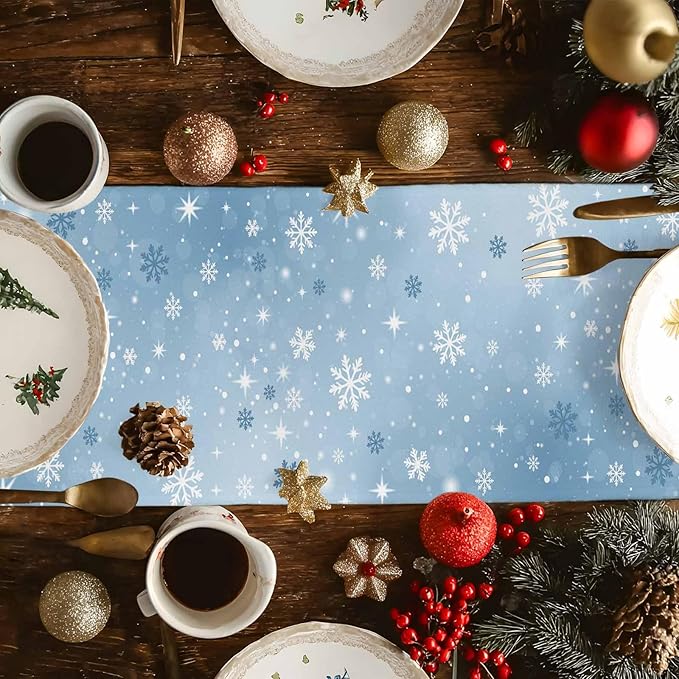 Blue Snowman Christmas Table Runner, 13x72 Inch, Xmas Tree Table Runners Elk - Image 3