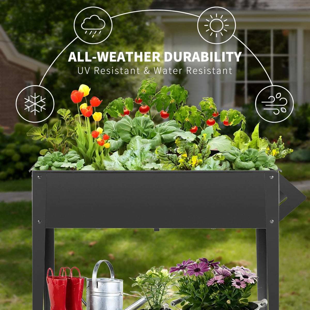 dnkmor 32in tall raised garden bed with wheels showing dimensions