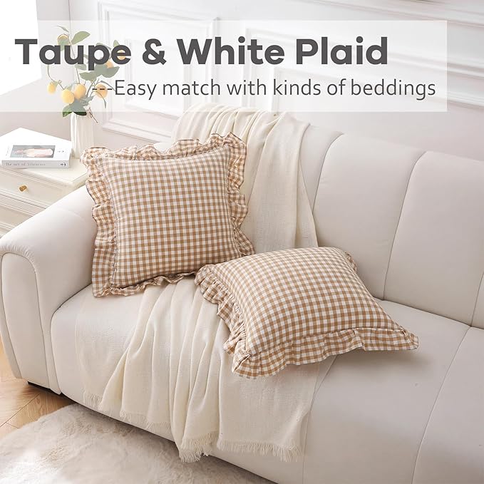 2 Pack Taupe White Plaid Ruffle Gingham Throw Pillow Covers, 100% Washed Cotton - Image 2