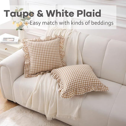 2 Pack Taupe White Plaid Ruffle Gingham Throw Pillow Covers, 100% Washed Cotton - Image 2