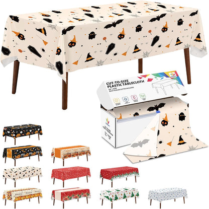 CXPSINC 54 Inch X 300 Feet Plastic Table Cover Roll Disposable Halloween Tablecloth with Slide Cutter Ghost Bat Plastic Table Covers for Halloween Party Decorations(Halloween Beige, 300 Feet)