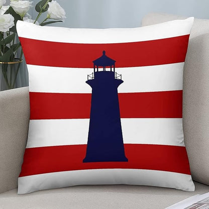 Myshe Square Nautical Navy Blue Lighthouse On Red Stripes Throw Pillow Cover - Image 7