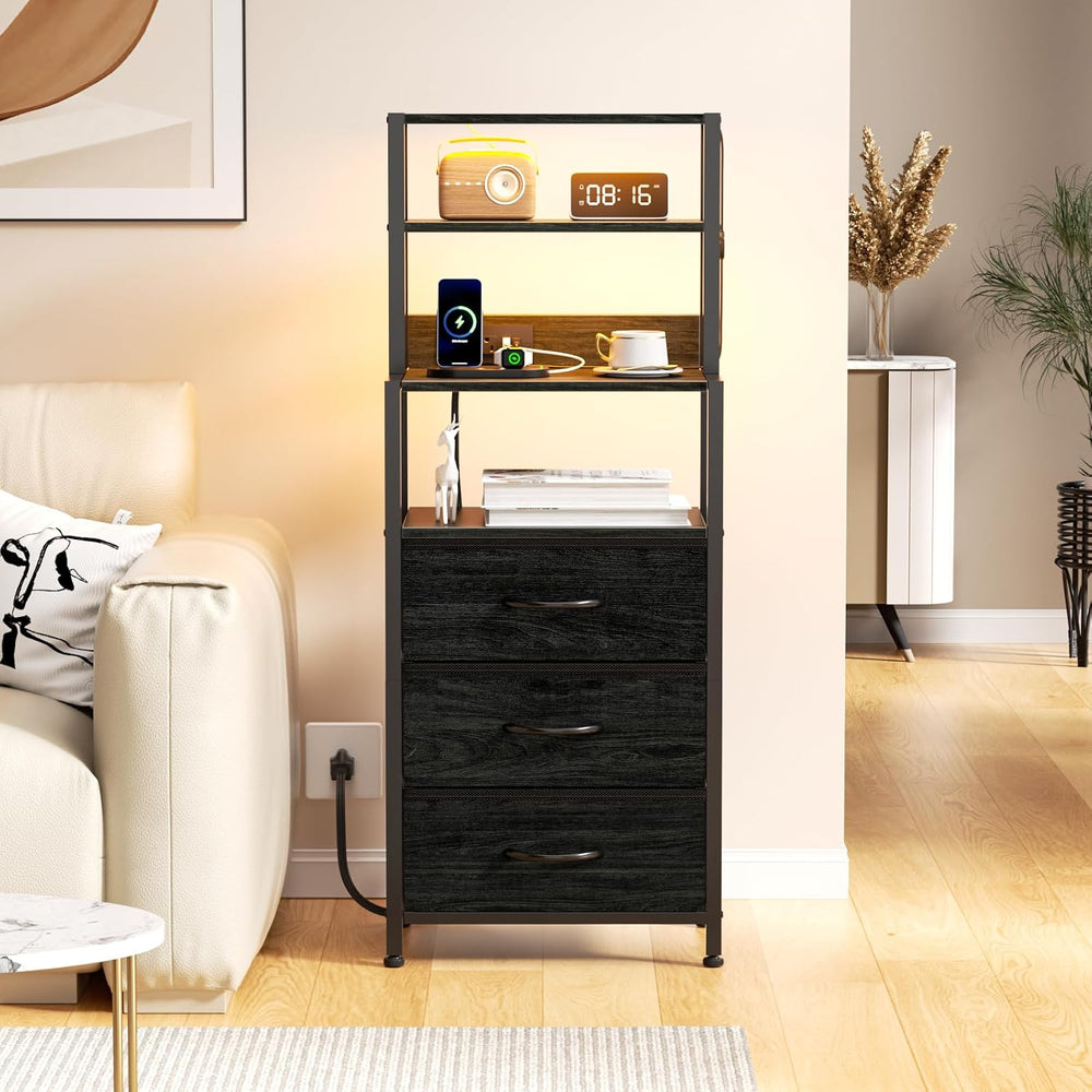 Furnulem Night Stand, Tall Nightstand with Charging Station for Bedroom